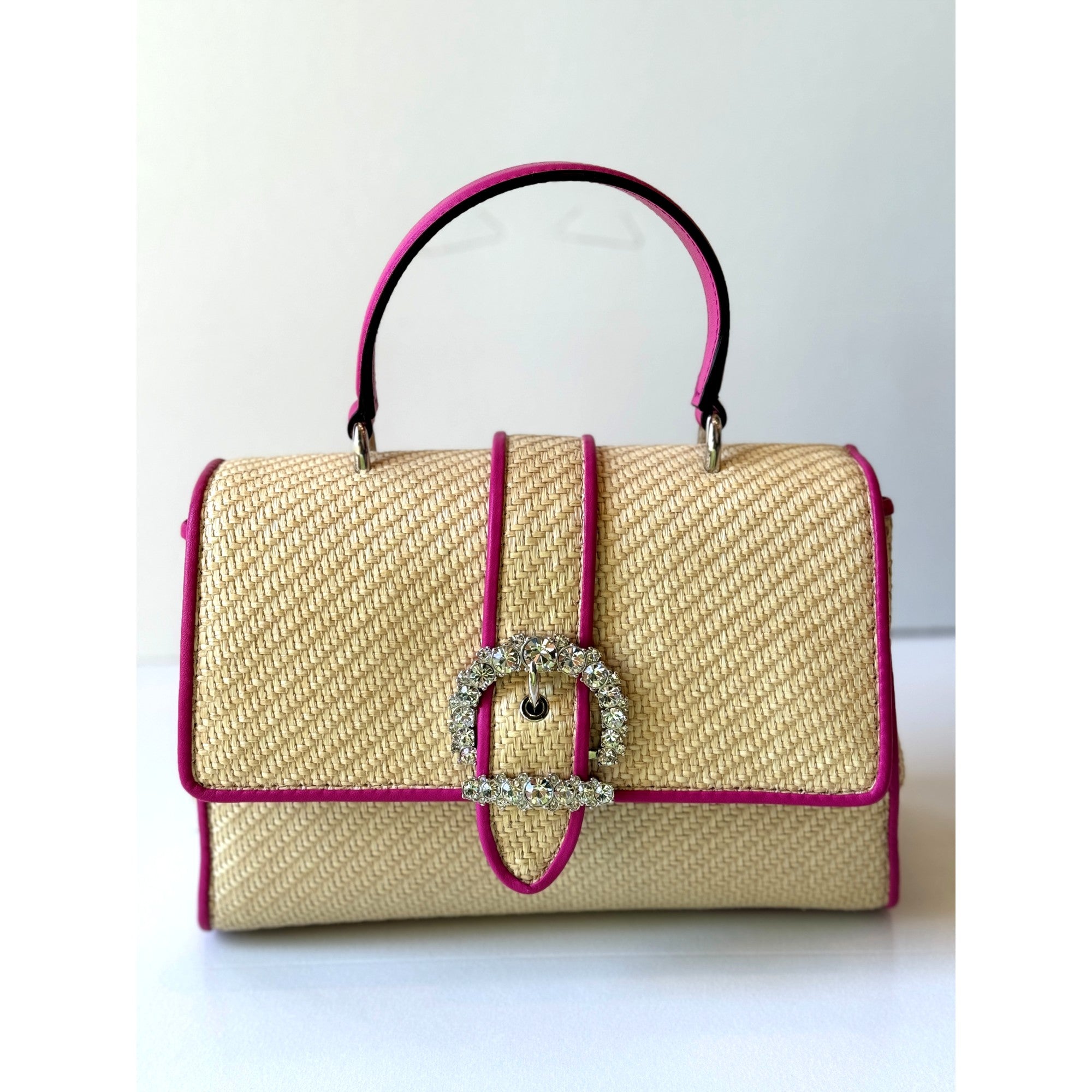 Jimmy Choo Cheri Medium Raffia Top Handle Bag Pink Crystal Buckle