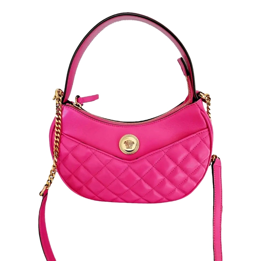 Image 993772_ALTMORE14.jpg, Product 993-772 / Price $2,266.00, Versace La Medusa Pink Quilted Leather Half Moon Bag Gold Chain Crossbody from Versace on TSC.ca's Fashion department