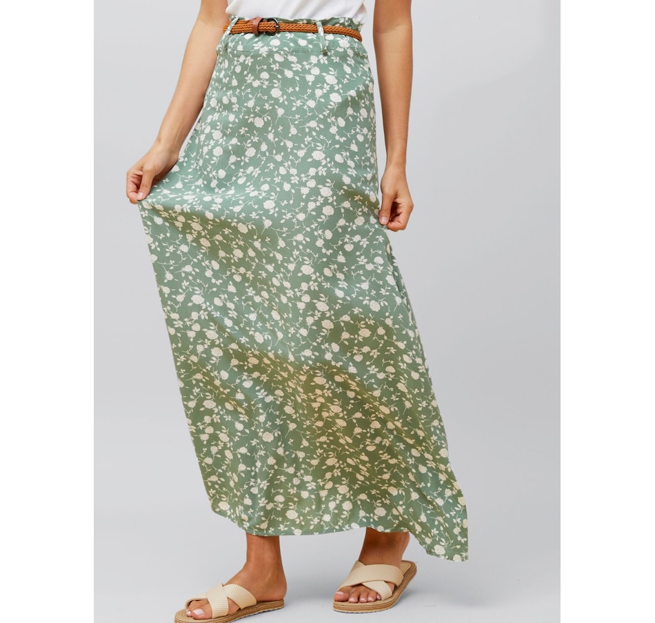 Image 994213_ALTMORE2.jpg, Product 994-213 / Price $32.00, Annick - Serafina Long Maxi Skirt Flower Print Belt Included Green from ANNICK on TSC.ca's Clothing & Shoes department