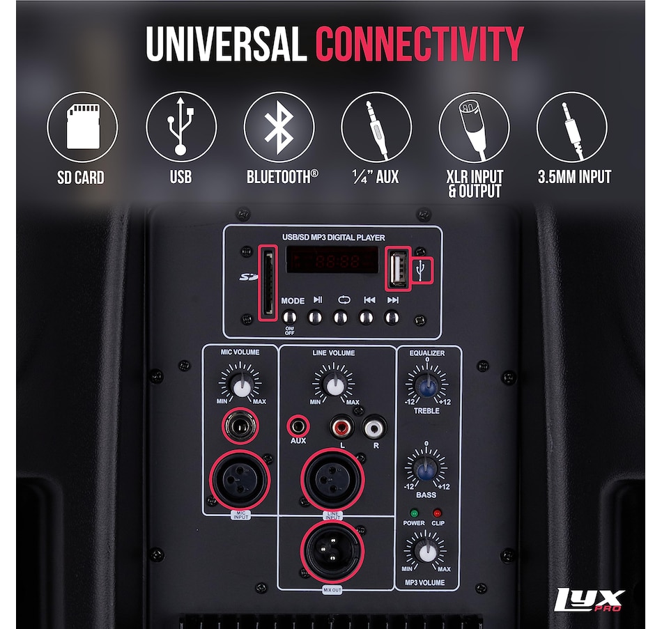 Image 994254_ALTMORE25.jpg, Product 994-254 / Price $159.99 - $299.99, LyxPro Portable PA Speaker Powered, PA System with Equalizer SD Slot & Built-in Bluetooth from LyxPro on TSC.ca's Electronics department