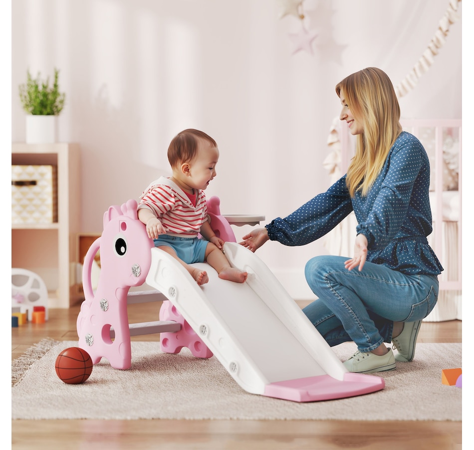Image 994372_ALTMORE1.jpg, Product 994-372 / Price $64.99, Qaba Kids Slide with Climber and Basketball Hoop, 3 in 1 Baby Slide, Pink from Qaba on TSC.ca's Home & Garden department