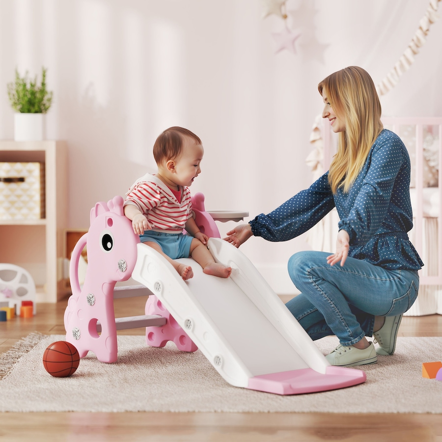 Image 994372_ALTMORE1.jpg, Product 994-372 / Price $62.99, Qaba Kids Slide with Climber and Basketball Hoop, 3 in 1 Baby Slide, Pink from Qaba on TSC.ca's Home & Garden department