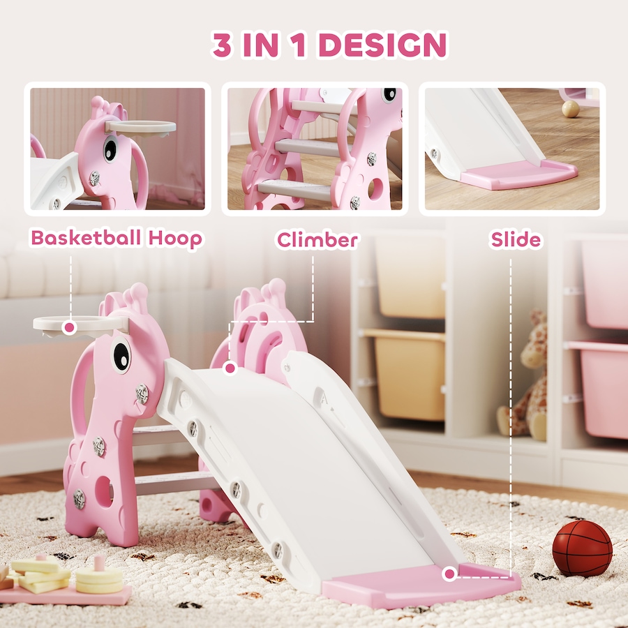 Image 994372_ALTMORE3.jpg, Product 994-372 / Price $62.99, Qaba Kids Slide with Climber and Basketball Hoop, 3 in 1 Baby Slide, Pink from Qaba on TSC.ca's Home & Garden department