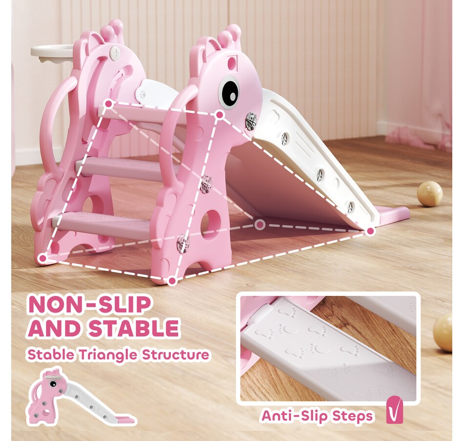 Image 994372_ALTMORE6.jpg, Product 994-372 / Price $64.99, Qaba Kids Slide with Climber and Basketball Hoop, 3 in 1 Baby Slide, Pink from Qaba on TSC.ca's Home & Garden department