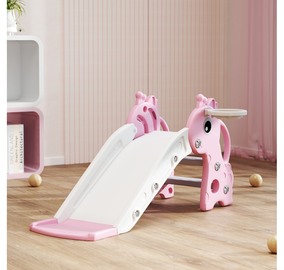 Image 994372_ALTMORE8.jpg, Product 994-372 / Price $64.99, Qaba Kids Slide with Climber and Basketball Hoop, 3 in 1 Baby Slide, Pink from Qaba on TSC.ca's Home & Garden department