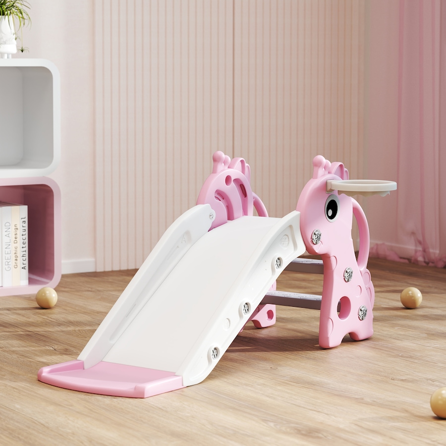 Image 994372_ALTMORE8.jpg, Product 994-372 / Price $62.99, Qaba Kids Slide with Climber and Basketball Hoop, 3 in 1 Baby Slide, Pink from Qaba on TSC.ca's Home & Garden department