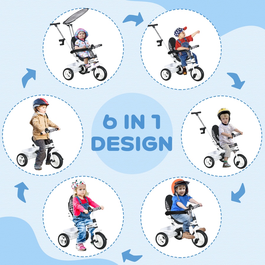 Image 994378_ALTMORE3.jpg, Product 994-378 / Price $98.99, Qaba 6 in 1 Kids Tricycle with Removable Handlebar and Canopy, White from Qaba on TSC.ca's Toys & Hobbies department