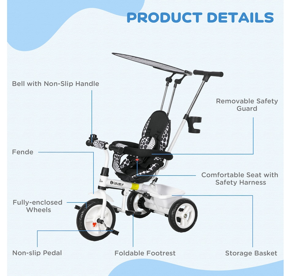 Image 994378_ALTMORE6.jpg, Product 994-378 / Price $98.99, Qaba 6 in 1 Kids Tricycle with Removable Handlebar and Canopy, White from Qaba on TSC.ca's Toys & Hobbies department