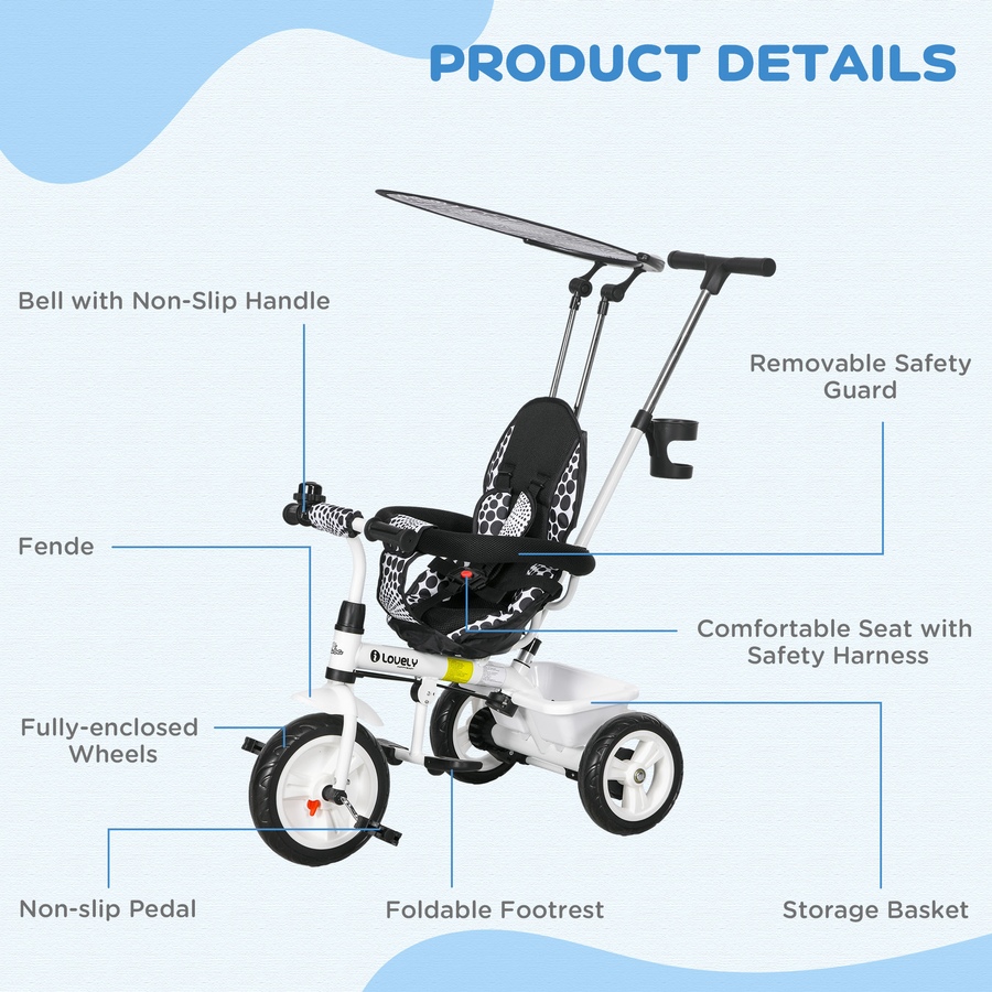 Image 994378_ALTMORE6.jpg, Product 994-378 / Price $98.99, Qaba 6 in 1 Kids Tricycle with Removable Handlebar and Canopy, White from Qaba on TSC.ca's Toys & Hobbies department