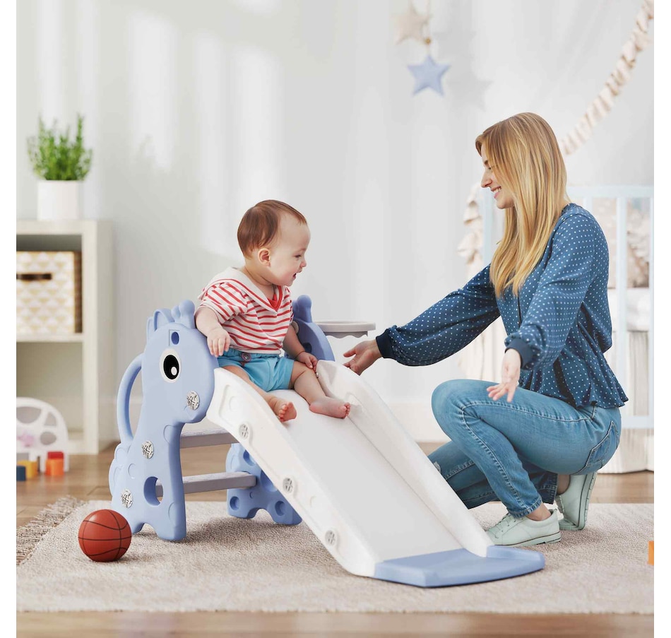 Image 994388_ALTMORE1.jpg, Product 994-388 / Price $66.99, Qaba Kids Slide with Climber and Basketball Hoop, 3 in 1 Baby Slide, Blue from Qaba on TSC.ca's Home & Garden department