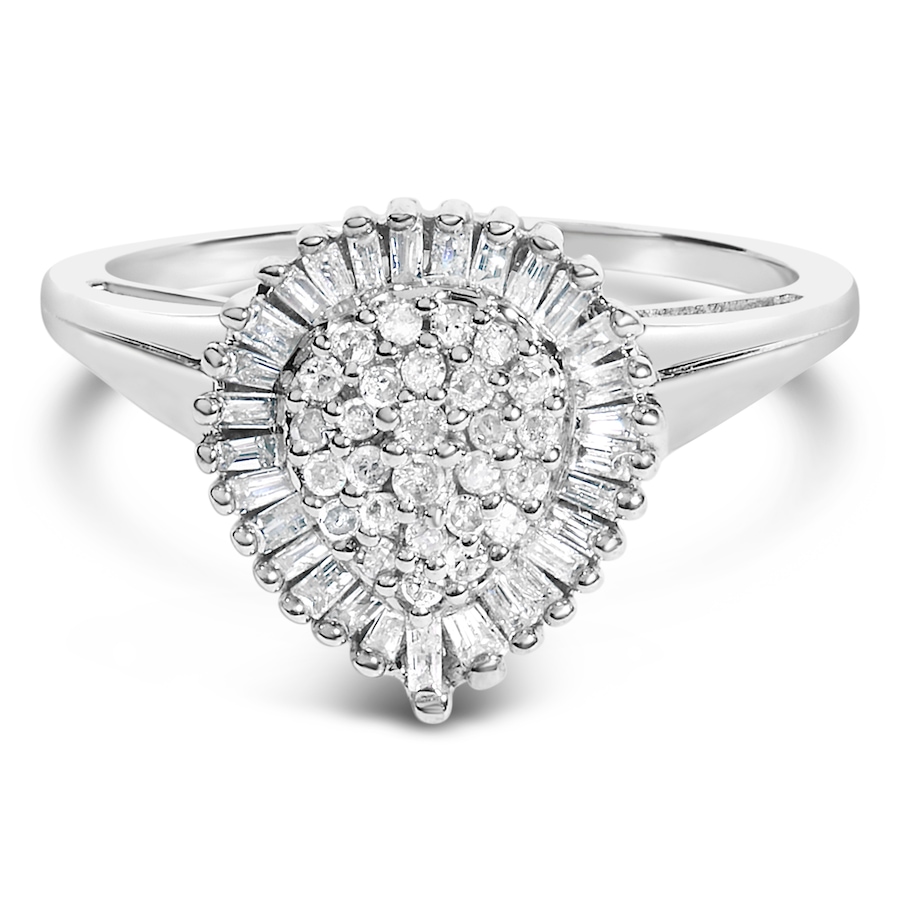 Image 994397_ST09.jpg, Product 994-397 / Price $2,782.00, 10K White Gold 1/2 Cttw Round & Baguette Cut Diamond Pear Shaped Domed Pavé Cluster with Halo Cocktail Ring (H-I Color, SI1-SI2 Clarity) - Size 7-1/4 from Haus of Brilliance on TSC.ca's Jewellery department