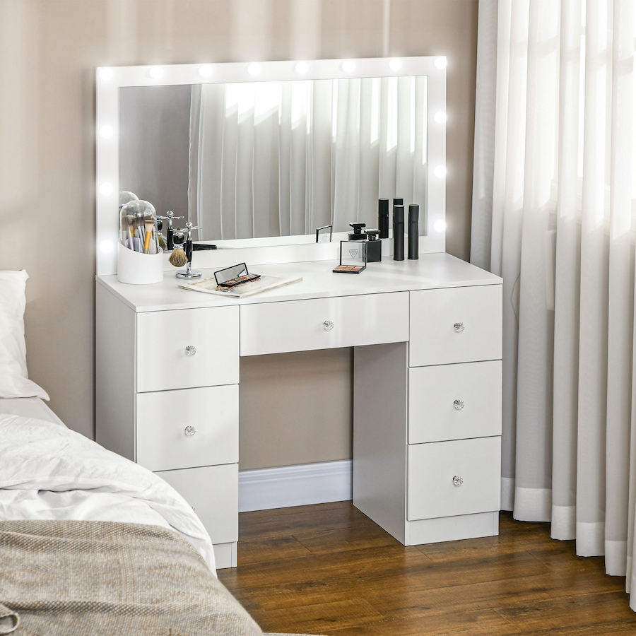 Image 994671_ALTMORE1.jpg, Product 994-671 / Price $339.29, HOMCOM Makeup Vanity Desk with Lighted Mirror 7 Drawers 10 LED Lights White from HOMCOM on TSC.ca's Beauty department