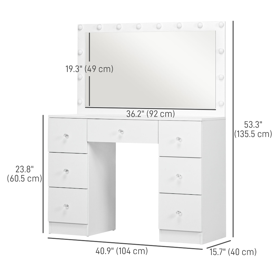 Image 994671_ALTMORE2.jpg, Product 994-671 / Price $339.29, HOMCOM Makeup Vanity Desk with Lighted Mirror 7 Drawers 10 LED Lights White from HOMCOM on TSC.ca's Beauty department