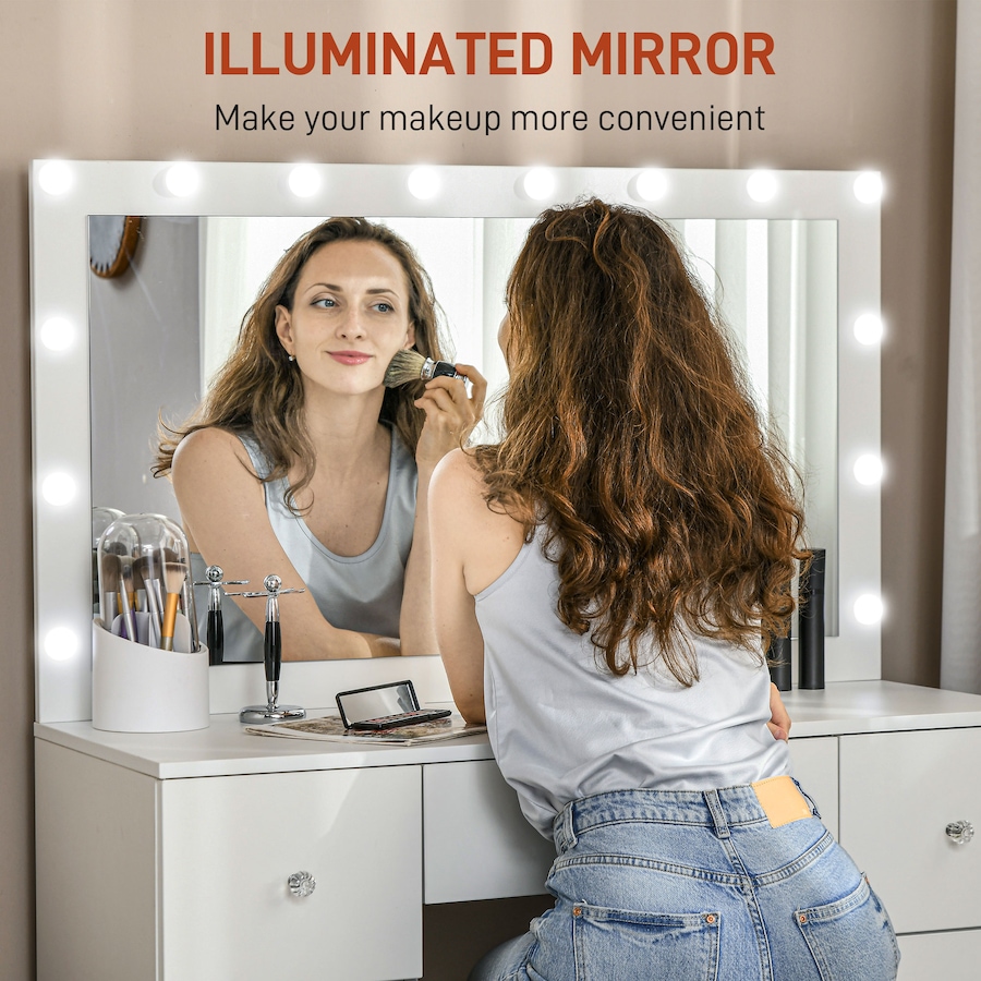 Image 994671_ALTMORE3.jpg, Product 994-671 / Price $339.29, HOMCOM Makeup Vanity Desk with Lighted Mirror 7 Drawers 10 LED Lights White from HOMCOM on TSC.ca's Beauty department