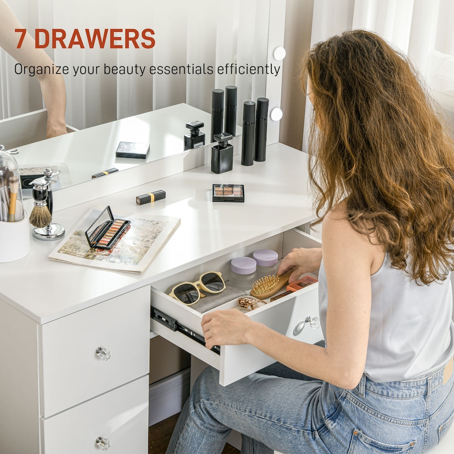 Image 994671_ALTMORE4.jpg, Product 994-671 / Price $339.29, HOMCOM Makeup Vanity Desk with Lighted Mirror 7 Drawers 10 LED Lights White from HOMCOM on TSC.ca's Beauty department
