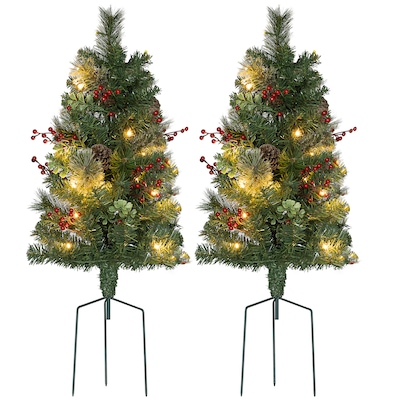 HOMCOM 2ft 2 Pack Lighted Small Christmas Tree with Red Berries Green