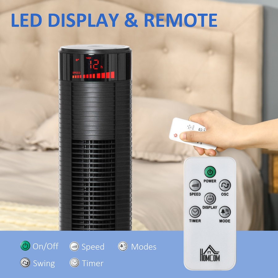 Image 994840_ALTMORE6.jpg, Product 994-840 / Price $94.99, HOMCOM Tower Fan for Bedroom w/ Oscillating, Remote Controller, Black from HOMCOM on TSC.ca's Home & Garden department