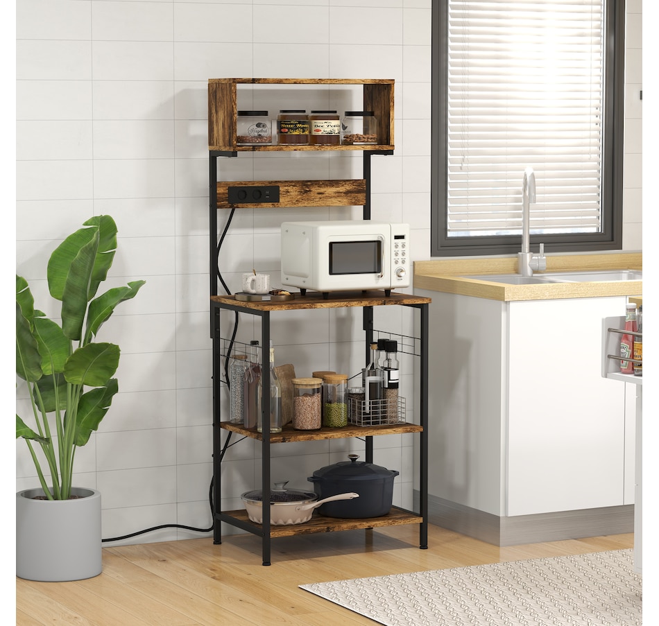 Image 997066_ALTMORE1.jpg, Product 997-066 / Price $109.99, HOMCOM Baker's Rack with Power Outlet, USB Charger, Microwave Stand, Brown from HOMCOM on TSC.ca's Home & Garden department