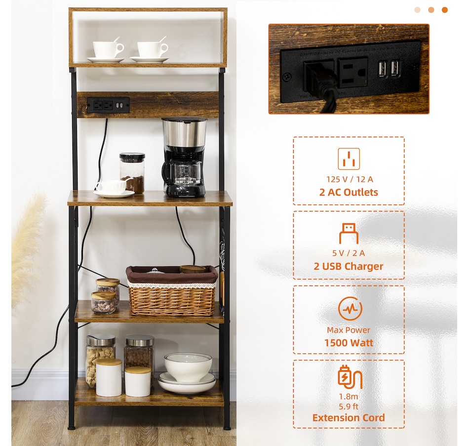 Image 997066_ALTMORE3.jpg, Product 997-066 / Price $109.99, HOMCOM Baker's Rack with Power Outlet, USB Charger, Microwave Stand, Brown from HOMCOM on TSC.ca's Home & Garden department