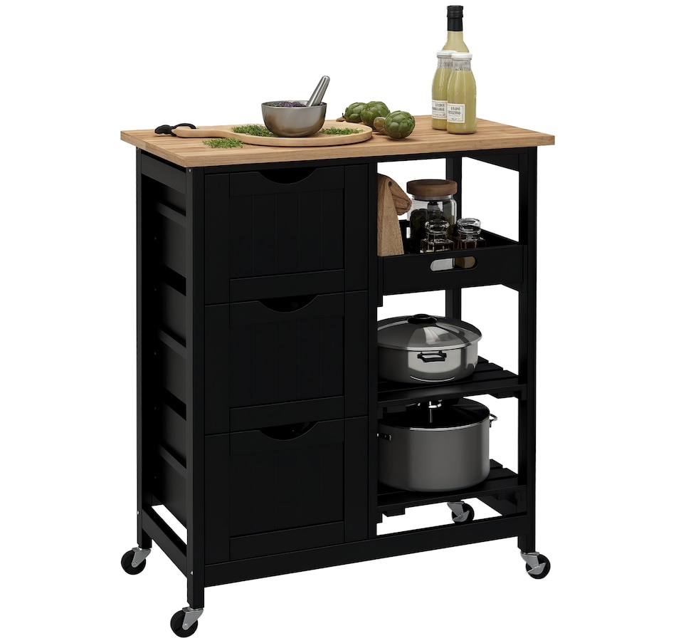 Image 997072.png, Product 997-072 / Price $144.99, HOMCOM Kitchen Cart on Wheels with Wood Top, 3 Drawers and Shelves, Black from HOMCOM on TSC.ca's Home & Garden department
