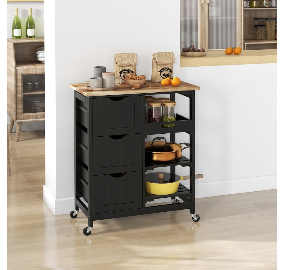 Image 997072_ALTMORE1.jpg, Product 997-072 / Price $144.99, HOMCOM Kitchen Cart on Wheels with Wood Top, 3 Drawers and Shelves, Black from HOMCOM on TSC.ca's Home & Garden department