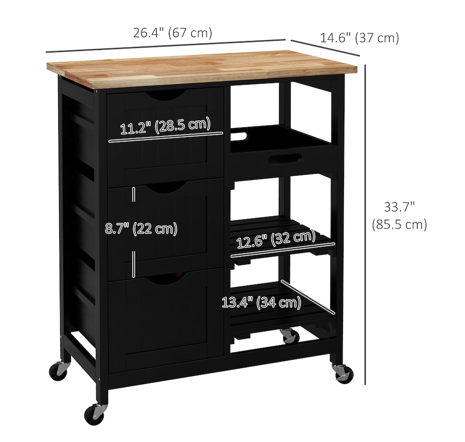 Image 997072_ALTMORE2.jpg, Product 997-072 / Price $144.99, HOMCOM Kitchen Cart on Wheels with Wood Top, 3 Drawers and Shelves, Black from HOMCOM on TSC.ca's Home & Garden department