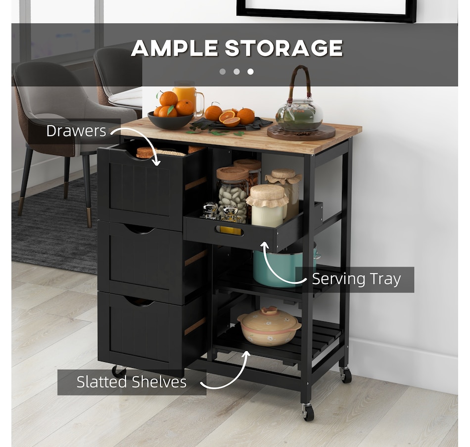 Image 997072_ALTMORE3.jpg, Product 997-072 / Price $144.99, HOMCOM Kitchen Cart on Wheels with Wood Top, 3 Drawers and Shelves, Black from HOMCOM on TSC.ca's Home & Garden department