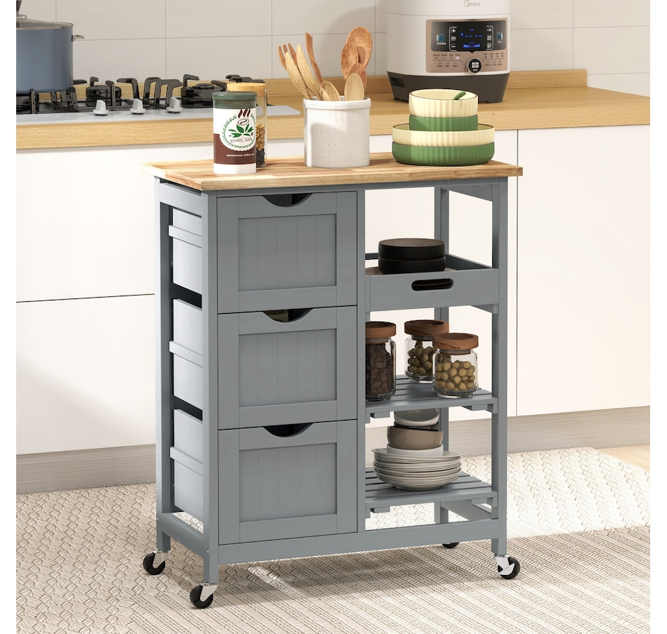 Image 997079_ALTMORE1.jpg, Product 997-079 / Price $139.99, HOMCOM Kitchen Cart on Wheels with Wood Top, 3 Drawers and Shelves from HOMCOM on TSC.ca's Home & Garden department