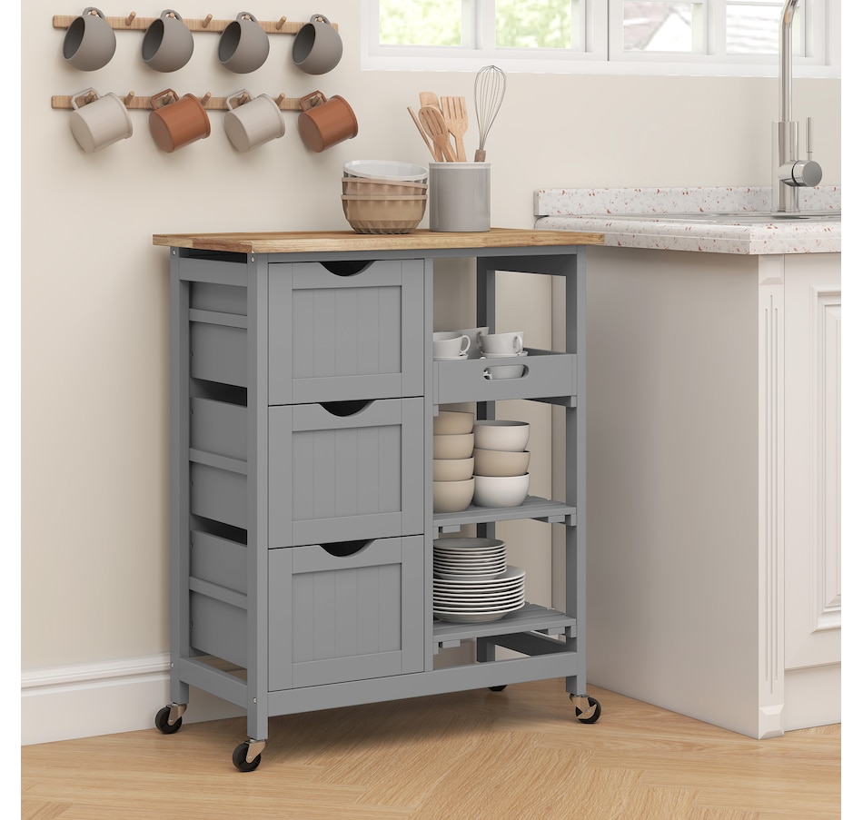 Image 997079_ALTMORE10.jpg, Product 997-079 / Price $139.99, HOMCOM Kitchen Cart on Wheels with Wood Top, 3 Drawers and Shelves from HOMCOM on TSC.ca's Home & Garden department