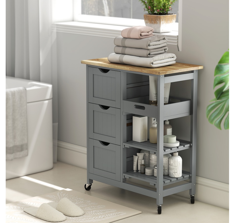 Image 997079_ALTMORE11.jpg, Product 997-079 / Price $139.99, HOMCOM Kitchen Cart on Wheels with Wood Top, 3 Drawers and Shelves from HOMCOM on TSC.ca's Home & Garden department