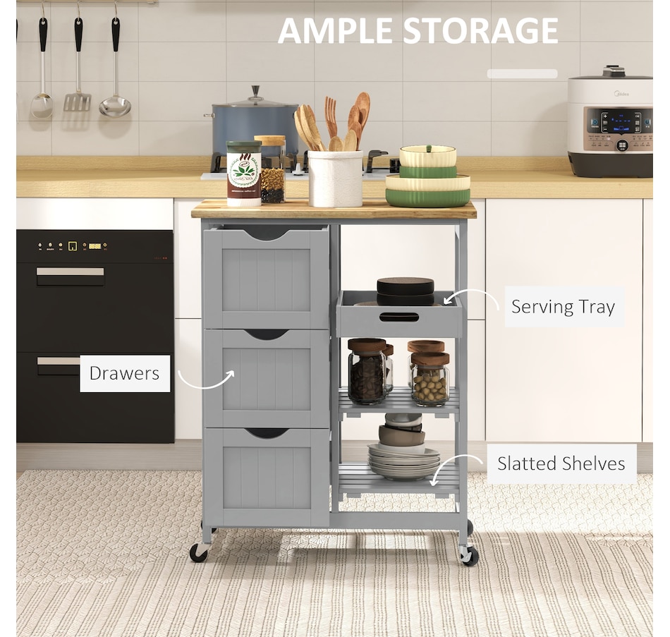 Image 997079_ALTMORE3.jpg, Product 997-079 / Price $139.99, HOMCOM Kitchen Cart on Wheels with Wood Top, 3 Drawers and Shelves from HOMCOM on TSC.ca's Home & Garden department