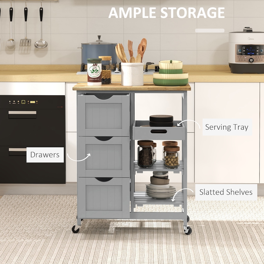 Image 997079_ALTMORE3.jpg, Product 997-079 / Price $135.99, HOMCOM Kitchen Cart on Wheels with Wood Top, 3 Drawers and Shelves from HOMCOM on TSC.ca's Home & Garden department