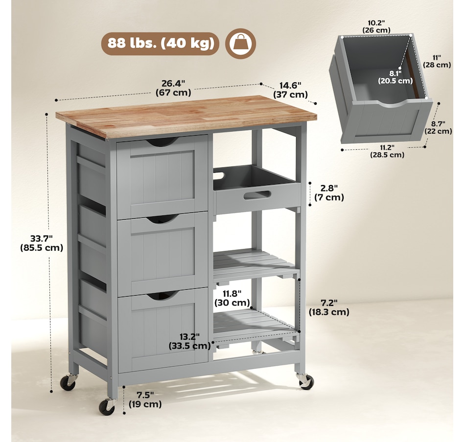 Image 997079_ALTMORE9.jpg, Product 997-079 / Price $139.99, HOMCOM Kitchen Cart on Wheels with Wood Top, 3 Drawers and Shelves from HOMCOM on TSC.ca's Home & Garden department