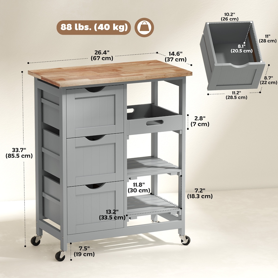 Image 997079_ALTMORE9.jpg, Product 997-079 / Price $135.99, HOMCOM Kitchen Cart on Wheels with Wood Top, 3 Drawers and Shelves from HOMCOM on TSC.ca's Home & Garden department