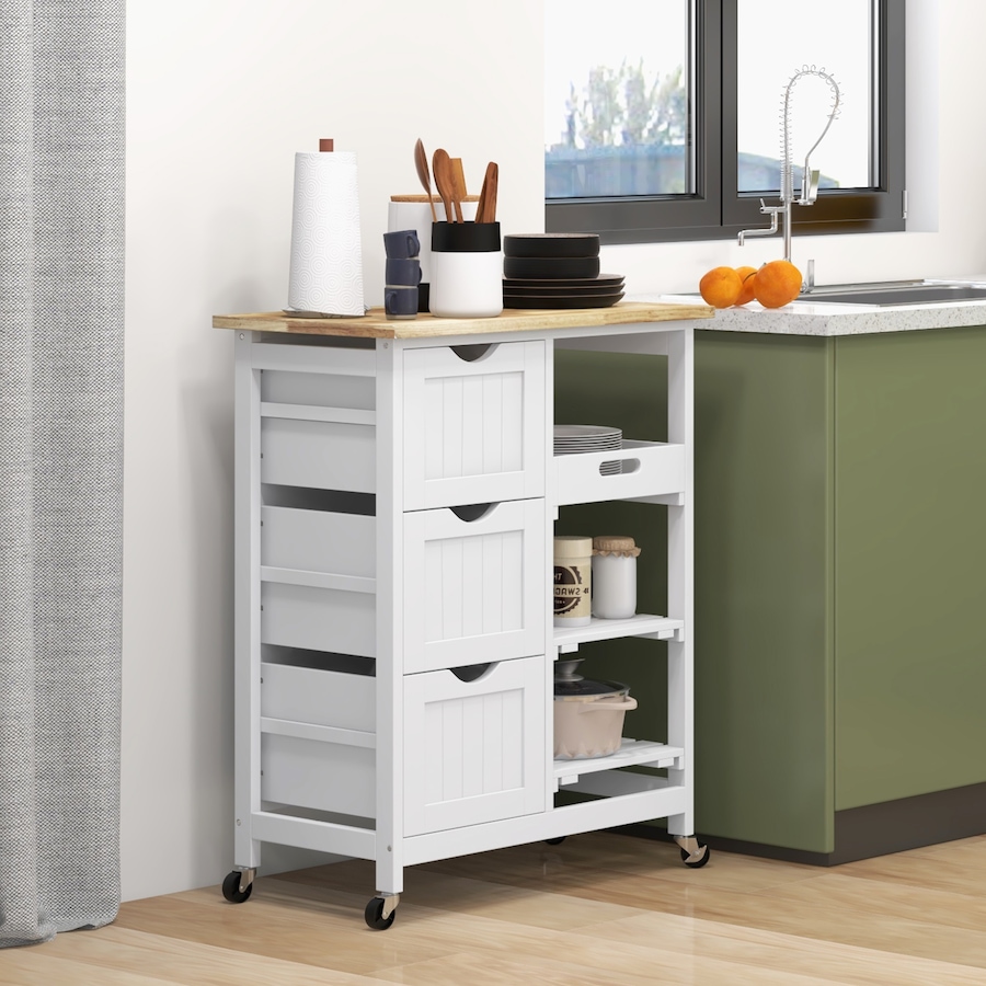 Image 997083_ALTMORE1.jpg, Product 997-083 / Price $144.99, HOMCOM Kitchen Cart on Wheels with Wood Top, 3 Drawers and Shelves from HOMCOM on TSC.ca's Home & Garden department