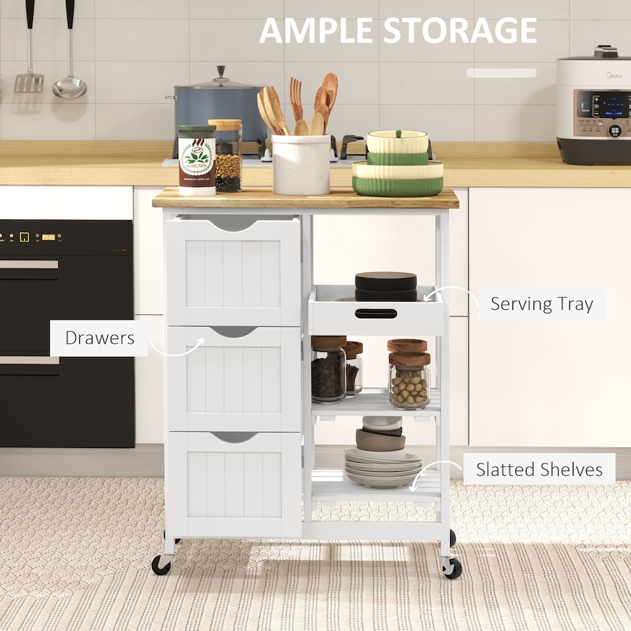 Image 997083_ALTMORE3.jpg, Product 997-083 / Price $144.99, HOMCOM Kitchen Cart on Wheels with Wood Top, 3 Drawers and Shelves from HOMCOM on TSC.ca's Home & Garden department