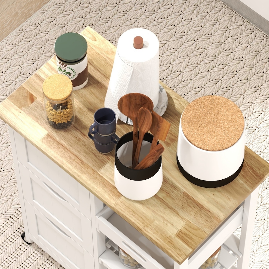 Image 997083_ALTMORE7.jpg, Product 997-083 / Price $144.99, HOMCOM Kitchen Cart on Wheels with Wood Top, 3 Drawers and Shelves from HOMCOM on TSC.ca's Home & Garden department