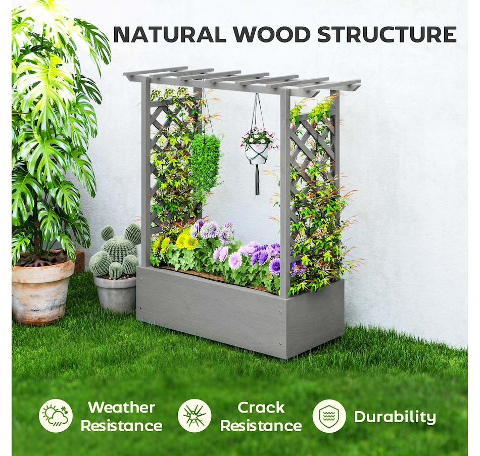 Image 997095_ALTMORE6.jpg, Product 997-095 / Price $125.99, Outsunny Raised Planter with Trellis, Elevated Wood Planter Box with Liner from Outsunny on TSC.ca's Home & Garden department