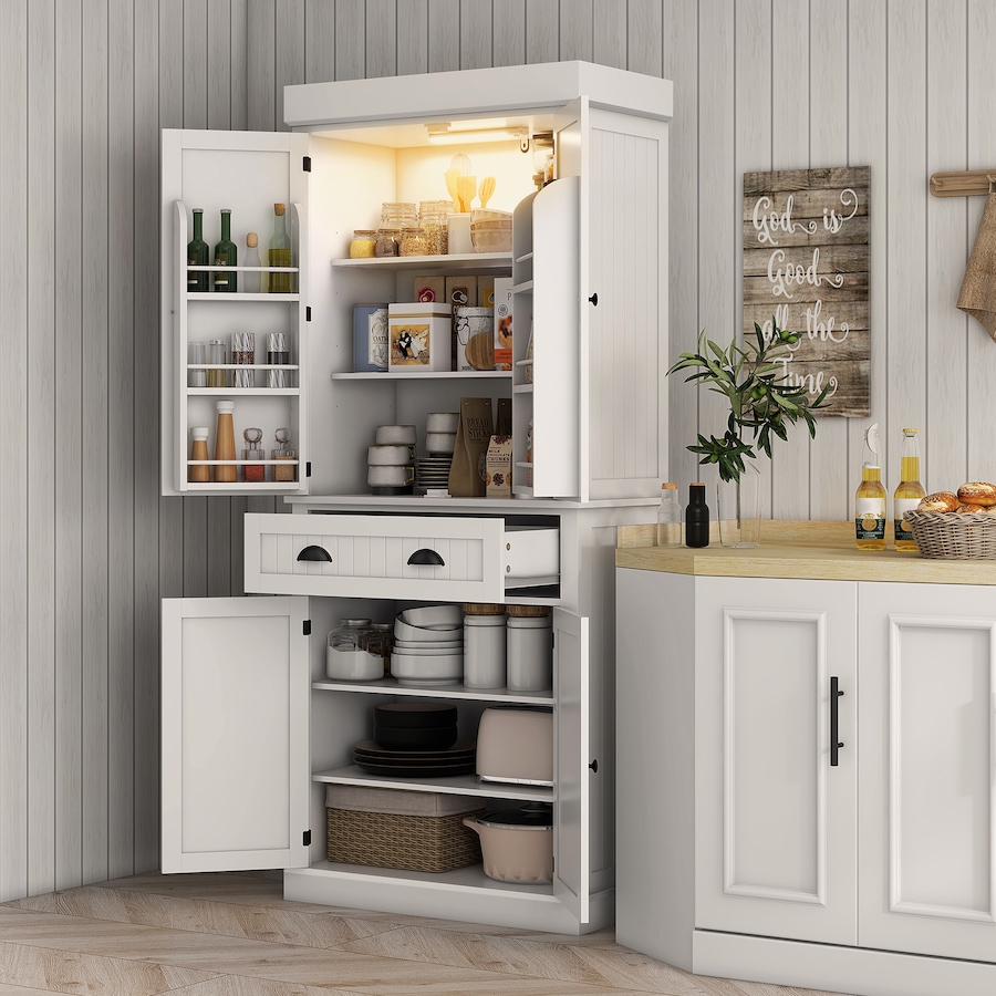Image 997118_ALTMORE9.jpg, Product 997-118 / Price $281.29, HOMCOM 71" Kitchen Pantry Cabinet with Spice Racks and LED Lights, White from HOMCOM on TSC.ca's Home & Garden department