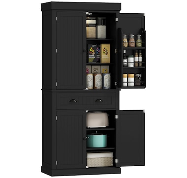 HOMCOM 71" Kitchen Pantry Cabinet with Spice Racks and LED Lights, Black