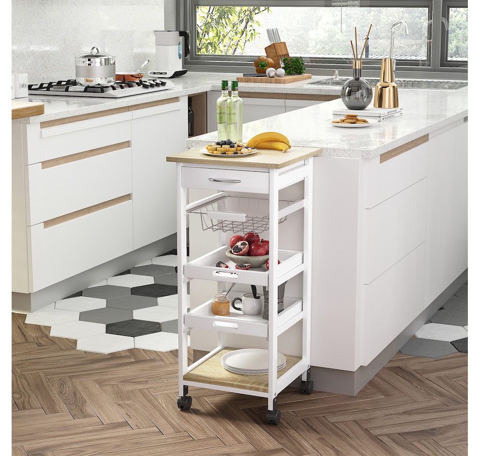 Image 997129_ALTMORE9.jpg, Product 997-129 / Price $76.99 - $79.99, HOMCOM Kitchen Island Cart with Drawer, Removable Tray and Wire Basket from HOMCOM on TSC.ca's Home & Garden department