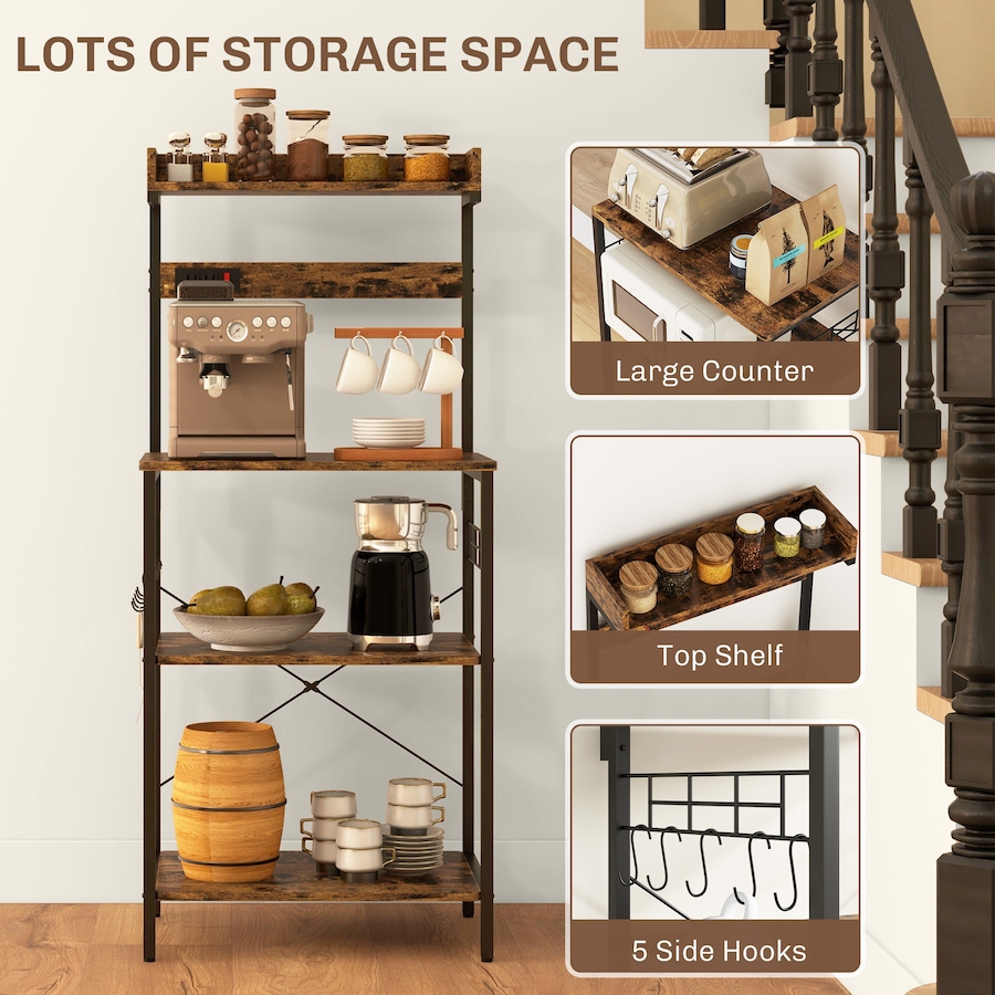 Image 997133_ALTMORE5.jpg, Product 997-133 / Price $90.23, HOMCOM Kitchen Bakers Rack with Power Outlet, Adjustable Shelves and Hooks from HOMCOM on TSC.ca's Home & Garden department
