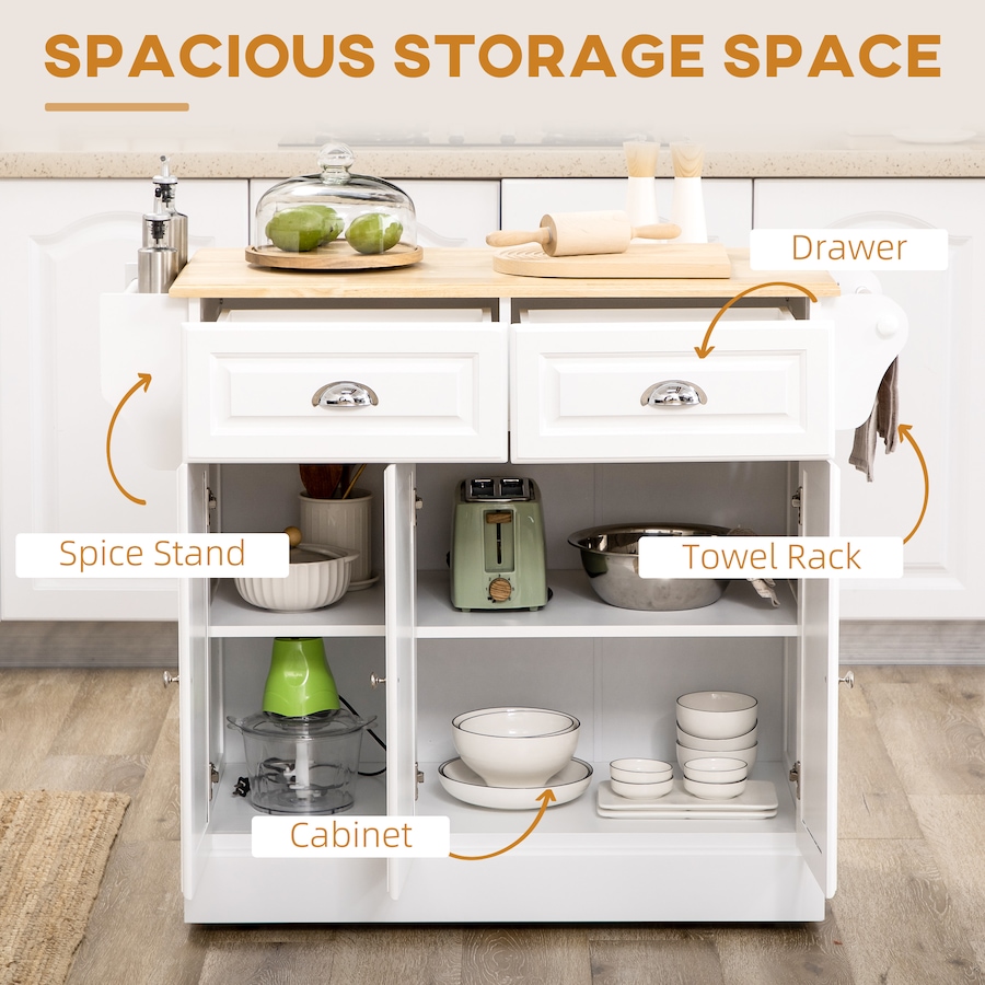 Image 997155_ALTMORE3.jpg, Product 997-155 / Price $219.99, HOMCOM Kitchen Island with Rubber Wood Top Rolling Kitchen Serving Cart from HOMCOM on TSC.ca's Home & Garden department
