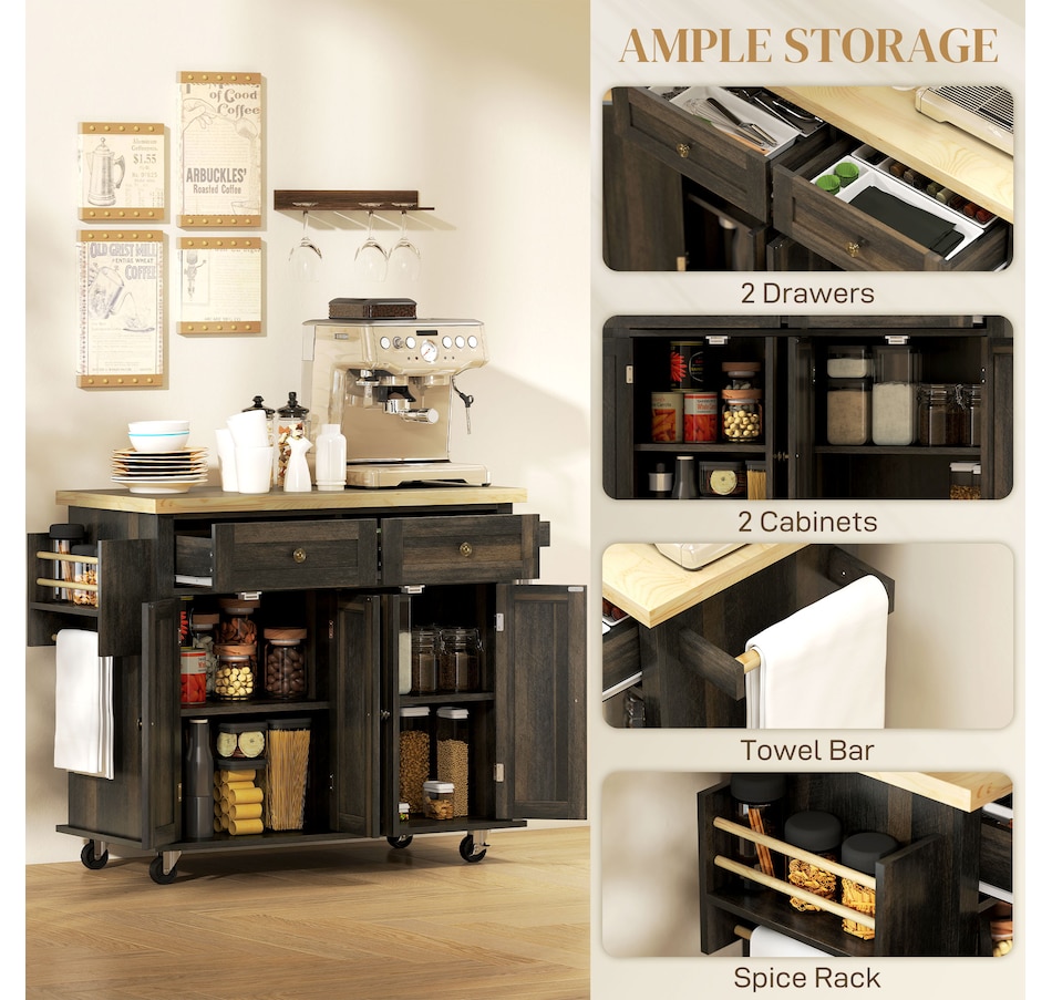 Image 997190_ALTMORE21.jpg, Product 997-190 / Price $209.99 - $259.99, Kitchen Island Cart W/spice Rack & Towel Rack from HOMCOM on TSC.ca's Home & Garden department