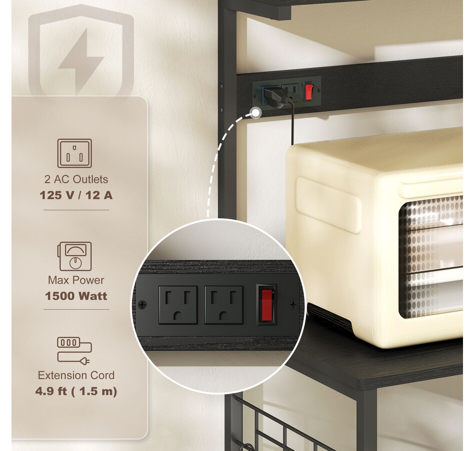 Image 997206_ALTMORE18.jpg, Product 997-206 / Price $96.99 - $104.99, HOMCOM Kitchen Bakers Rack with Power Outlet, Adjustable Shelves and Hooks from HOMCOM on TSC.ca's Home & Garden department