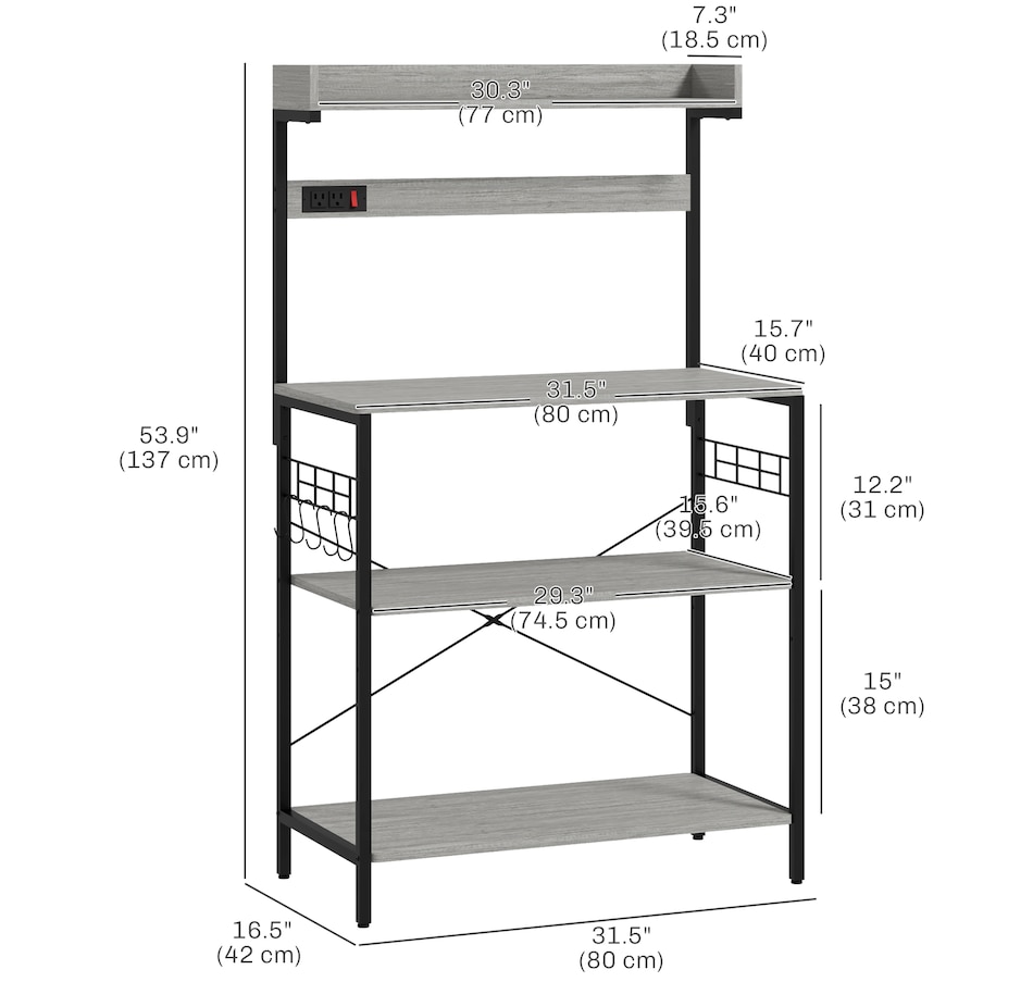 Image 997206_ALTMORE2.jpg, Product 997-206 / Price $96.99 - $104.99, HOMCOM Kitchen Bakers Rack with Power Outlet, Adjustable Shelves and Hooks from HOMCOM on TSC.ca's Home & Garden department