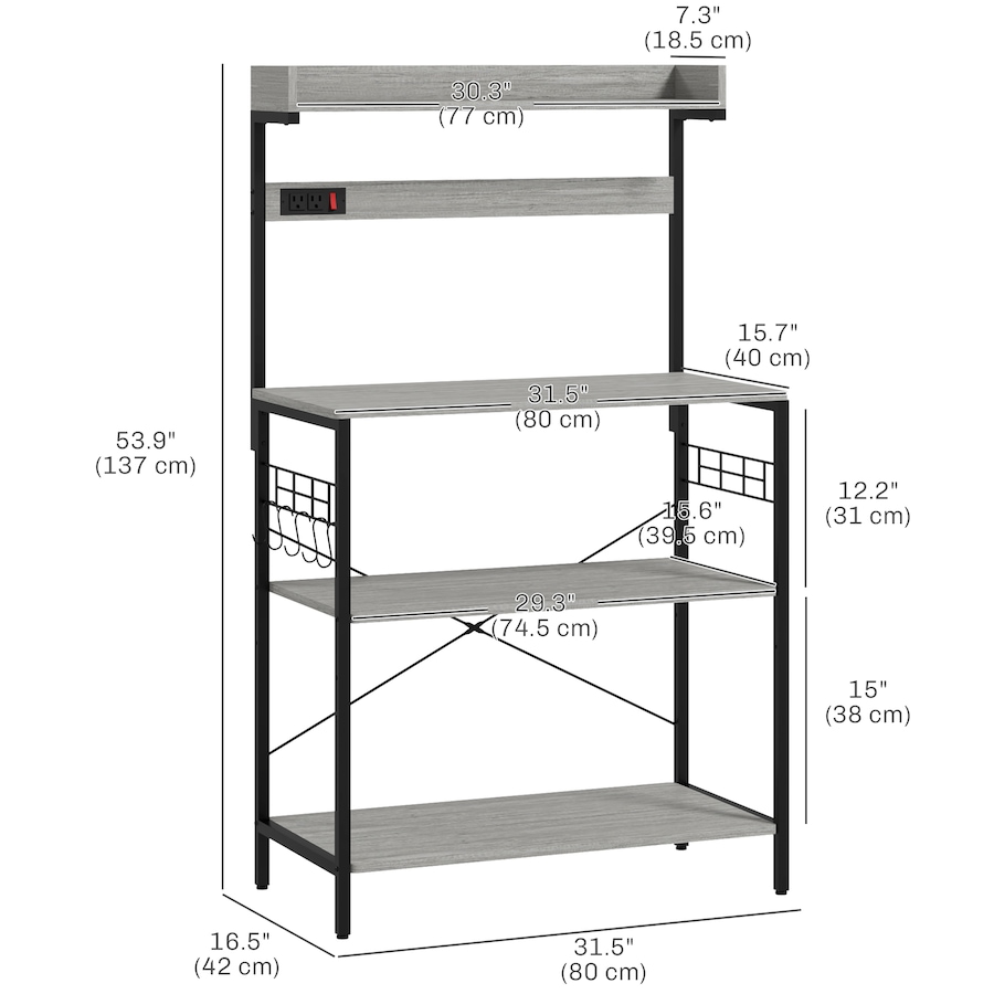 Image 997206_ALTMORE2.jpg, Product 997-206 / Price $99.99 - $104.99, HOMCOM Kitchen Bakers Rack with Power Outlet, Adjustable Shelves and Hooks from HOMCOM on TSC.ca's Home & Garden department