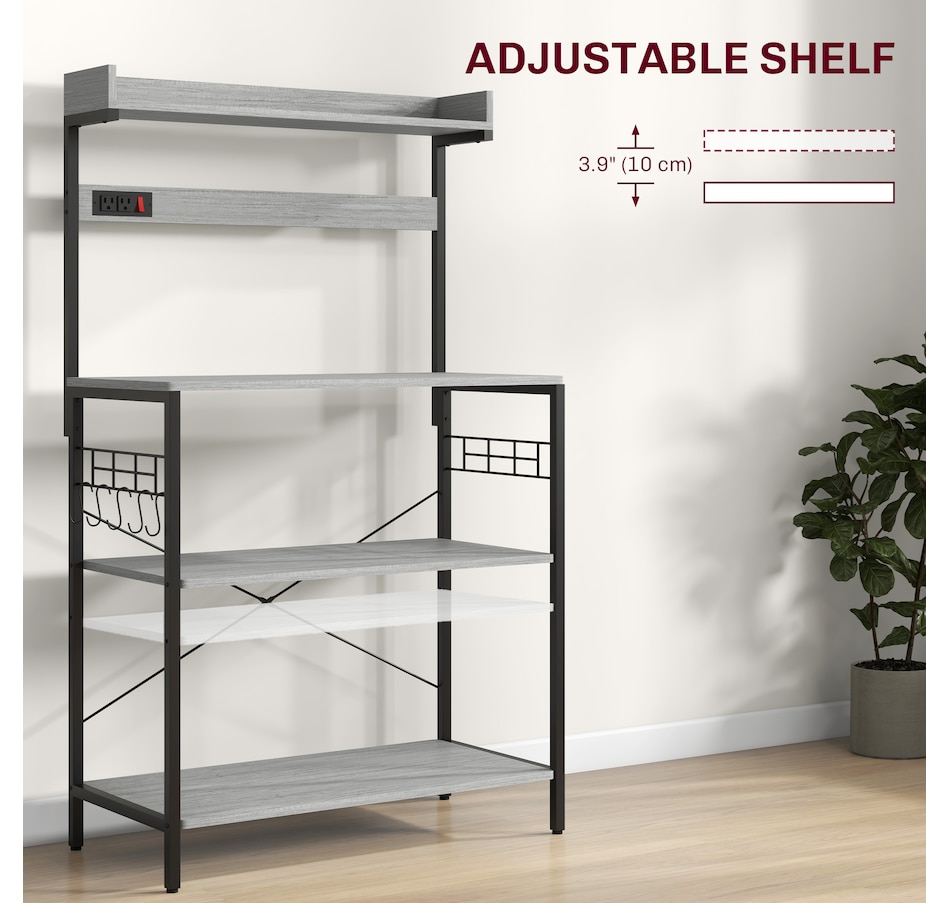 Image 997206_ALTMORE4.jpg, Product 997-206 / Price $96.99 - $104.99, HOMCOM Kitchen Bakers Rack with Power Outlet, Adjustable Shelves and Hooks from HOMCOM on TSC.ca's Home & Garden department
