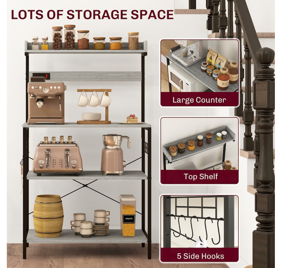 Image 997206_ALTMORE5.jpg, Product 997-206 / Price $96.99 - $104.99, HOMCOM Kitchen Bakers Rack with Power Outlet, Adjustable Shelves and Hooks from HOMCOM on TSC.ca's Home & Garden department