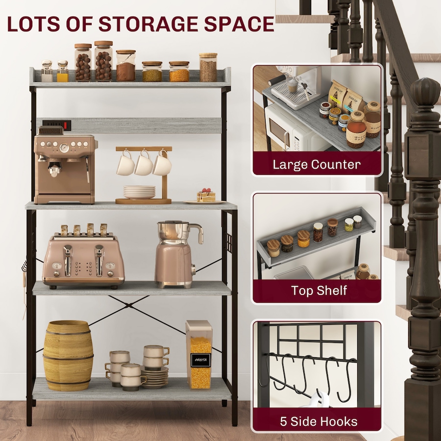 Image 997206_ALTMORE5.jpg, Product 997-206 / Price $99.99 - $104.99, HOMCOM Kitchen Bakers Rack with Power Outlet, Adjustable Shelves and Hooks from HOMCOM on TSC.ca's Home & Garden department